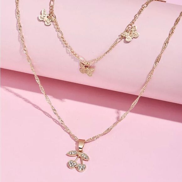 NEW! Layered Gold Butterfly & Cherry Charm Necklace - Picture 2 of 6